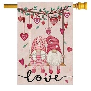 Valentine’s Day Romantic Swing Gnome Love Hearts House Flag Big Large Burlap...